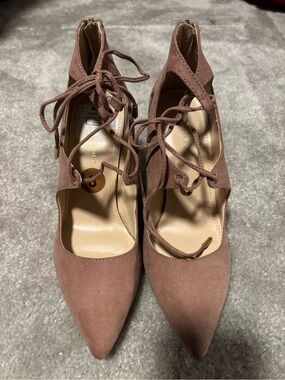 Marc Fisher Mauve-Taupe Suede Lace-Up Pointed Heels